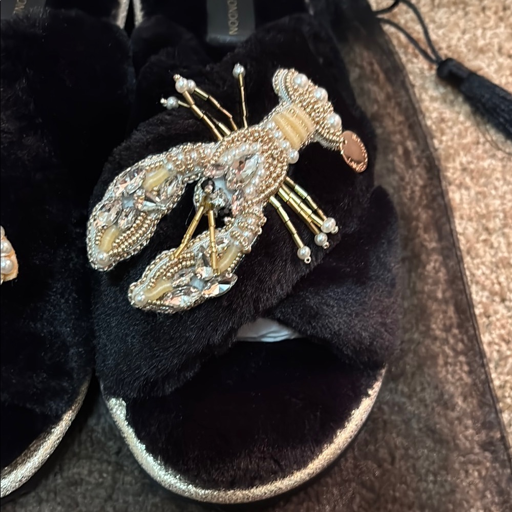 Laines London Fluffy Black and Gold Embellished Women's Slippers - Picture 4 of 5